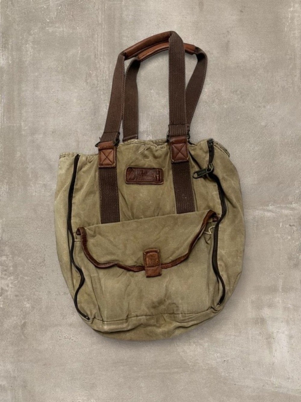 Duluth Trading Co Canvas Utility Tote Bag Tan Brown Leather Trim